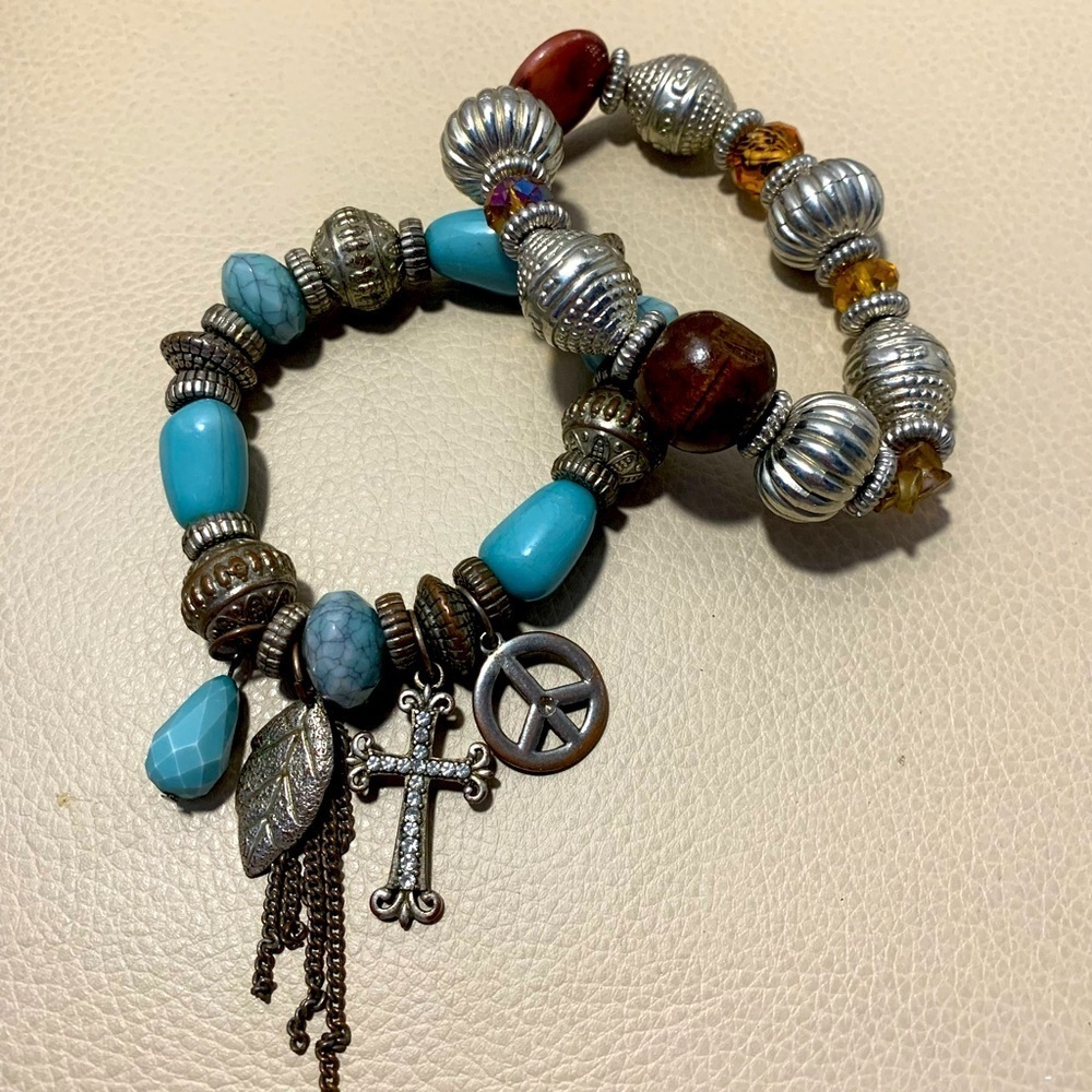 Set Of Two Silver Bracelets With Colored Beads
